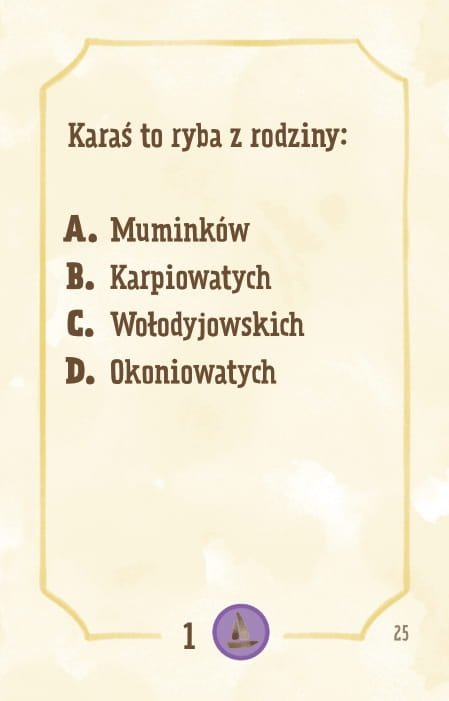 Powiększ obraz: Karta, żółte tło, ramka, napisy: Karaś to ryba z rodziny: - Muminków - karpiowatych - wołodyjowskich - okoniowatych
