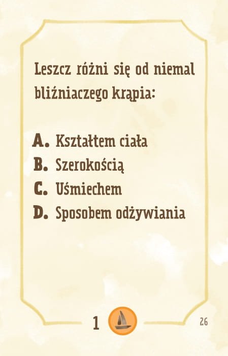 Powiększ obraz: Karta, żółte tło, ramka, napisy: Leszcz różni się od niemal bliźniaczego krąpia: - kształtem ciała - szerokością - uśmiechem - sposobem żywienia