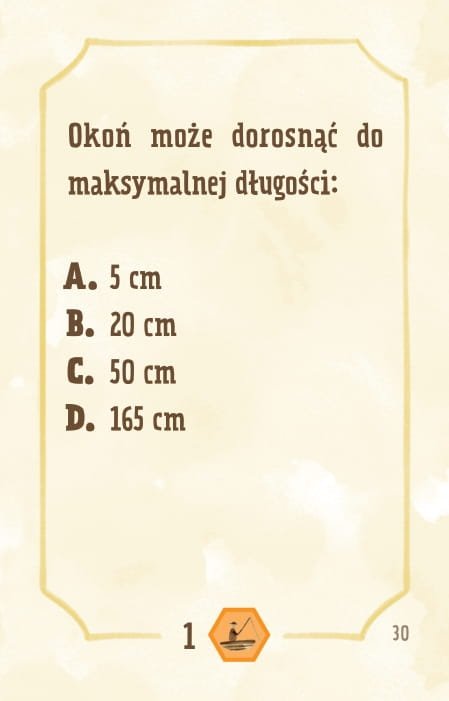 Powiększ obraz: Karta, żółte tło, ramka, napisy: Okoń może dorosnąć do maksymalnej długości: - 5 cm - 20 cm - 50 cm - 165 cm