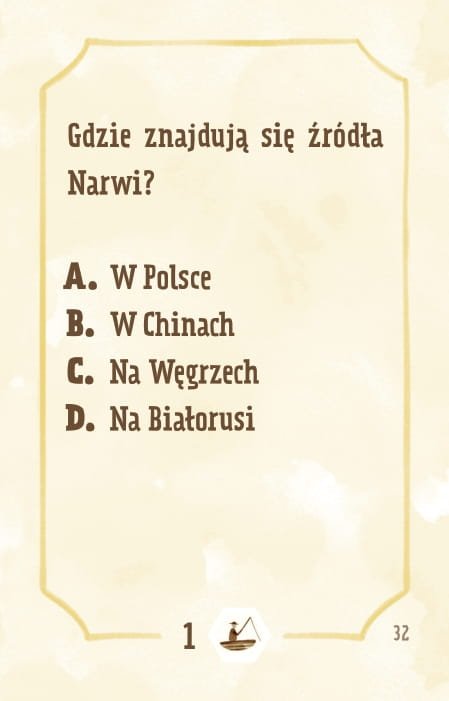 Powiększ obraz: Karta, żółte tło, ramka, napisy: Skąd wypływa Narew? - z Polski - z Chin - z Węgier - z Białorusi