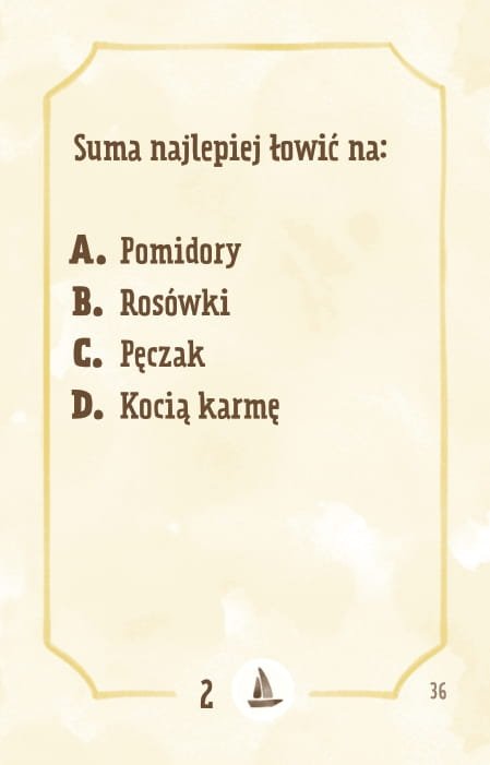 Powiększ obraz: Karta, żółte tło, ramka, napisy: Suma najlepiej łowić na: - pomidory - rosówki - pęczak - kocią karmę