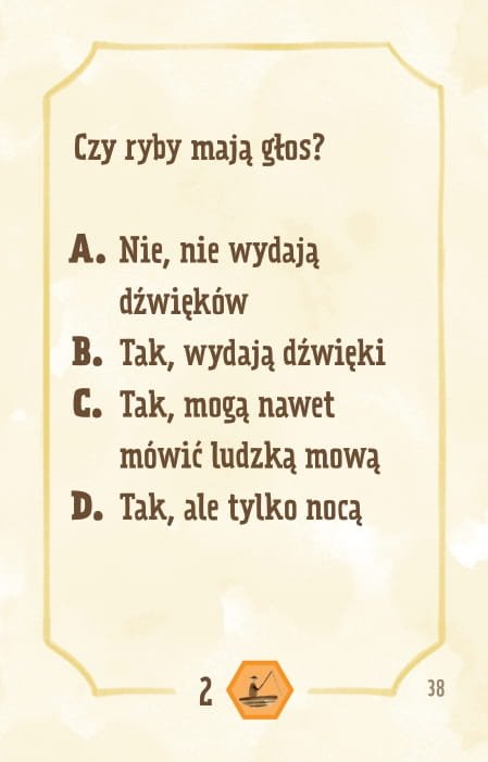 Powiększ obraz: Karta, żółte tło, ramka, napisy: Czy ryby mają głos? - nie, nie wydają dźwięków - tak, wydają dźwięki - tak, mogą nawet mówić ludzką mową - tak, ale tylko nocą