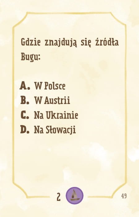 Powiększ obraz: Karta, żółte tło, ramka, napisy: Skąd wypływa Bug: - z Polski - z Austrii - z Ukrainy - ze Słowacji