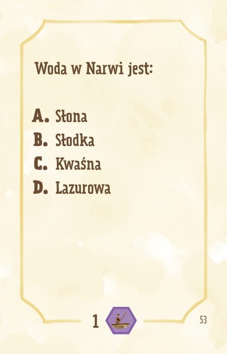 Powiększ obraz: Karta, żółte tło, ramka, napisy: Woda w Narwi jest: - słona - słodka - kwaśna - lazurowa