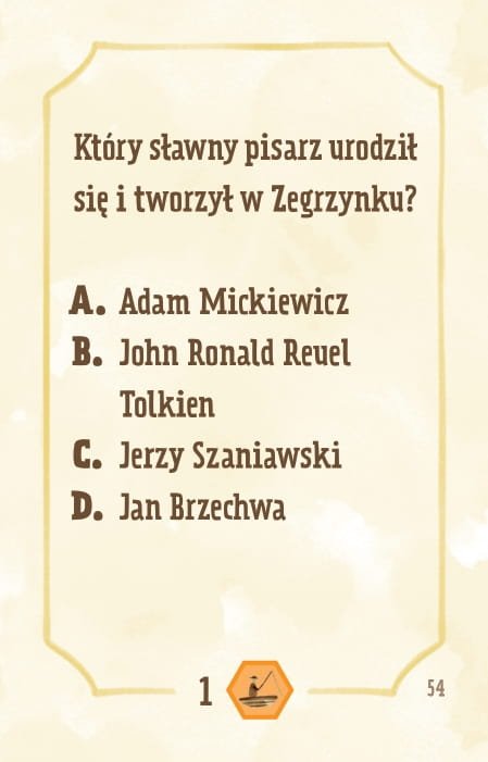 Powiększ obraz: Karta, żółte tło, ramka, napisy: Który sławny pisarz urodził się i tworzył w Zegrzynku? - Adam Mickiewicz - John Ronald Reuel Tolkien - Jerzy Szaniawski - Jan Brzechwa