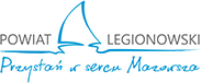 Logo Powiat Legionowski, grafika łówki na wodzie rysowana kreską, szare napisy Powiat Legionowski i niebieskie pod łódką Przystań w sercu Mazowsza